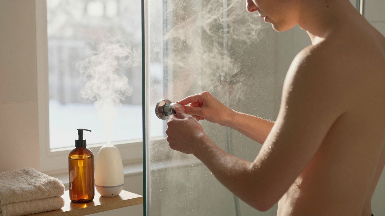 Homem ajusta registro de água quente em banheiro com vapor, ao lado de toalhas, sabonete líquido e umidificador.