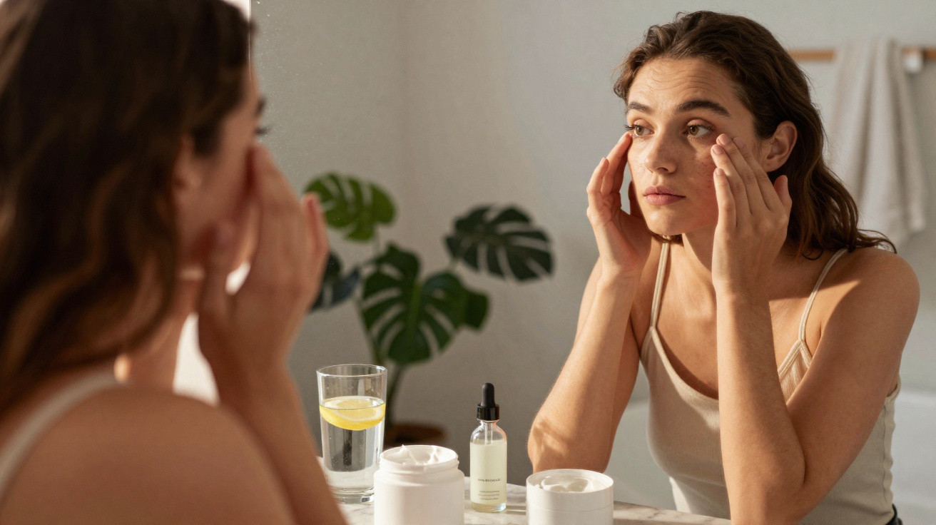Mulher aplicando creme facial em frente ao espelho, com produtos de skincare e copo de água com limão.