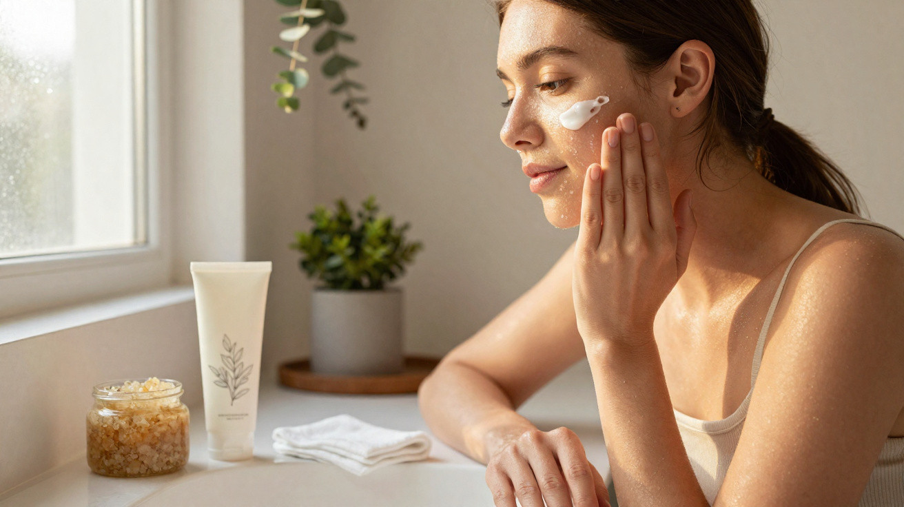Mulher aplicando creme no rosto em ambiente iluminado próximo a janela com produtos de cuidados.