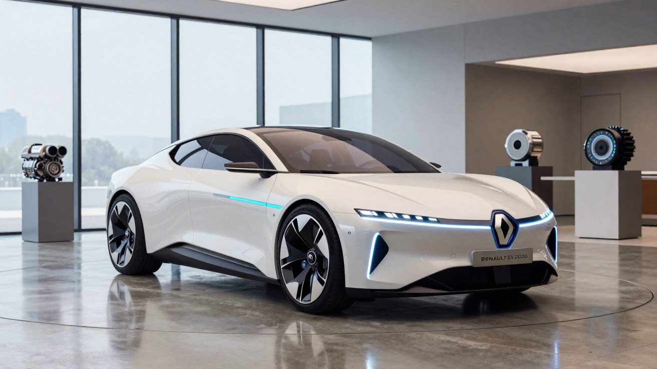 Carro esportivo elétrico branco da Renault em exposição moderna com iluminação azul nos faróis e logo frontal.
