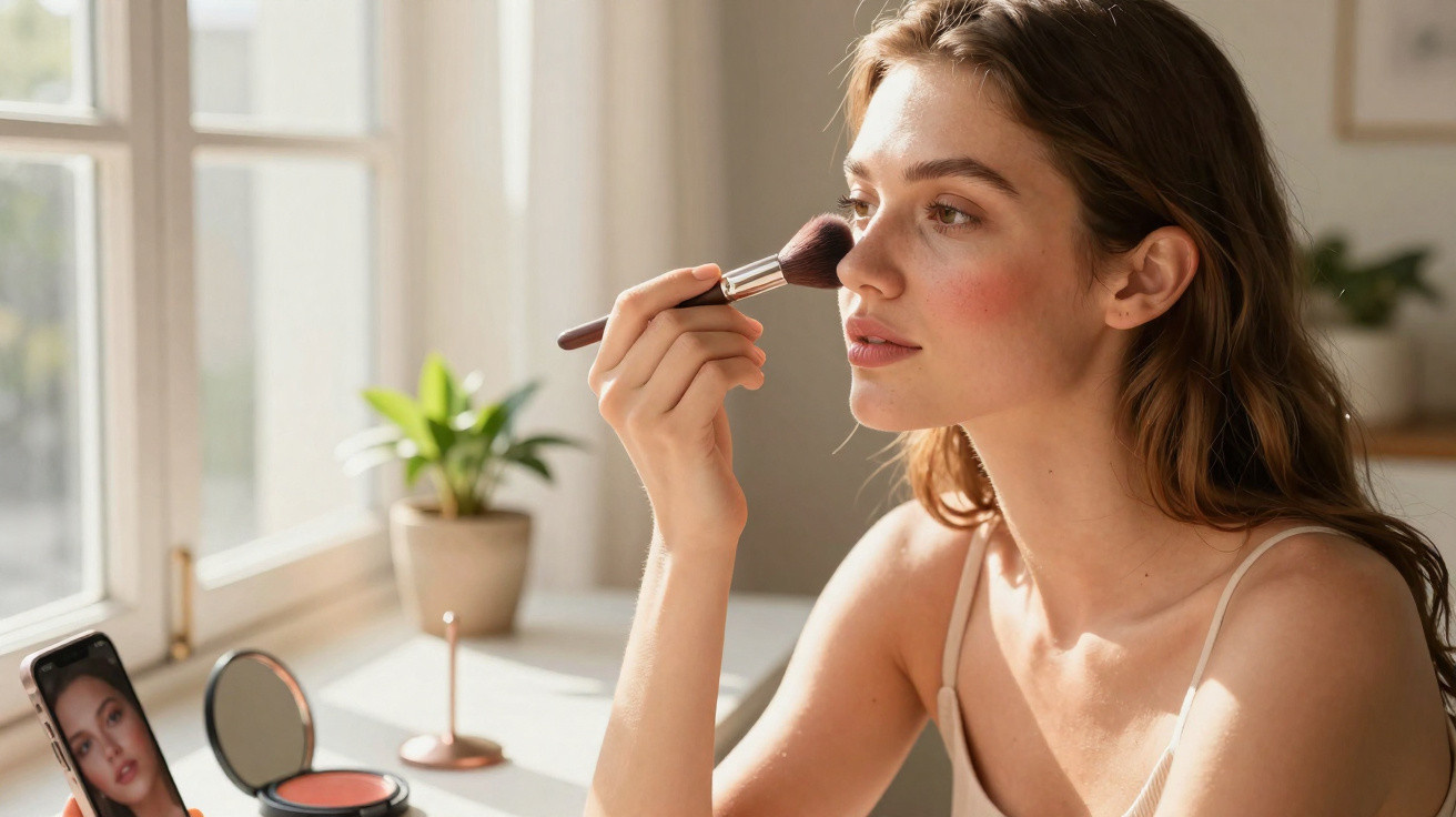 Mulher aplicando blush no rosto, sentada perto da janela com plantas e maquiagem na mesa.