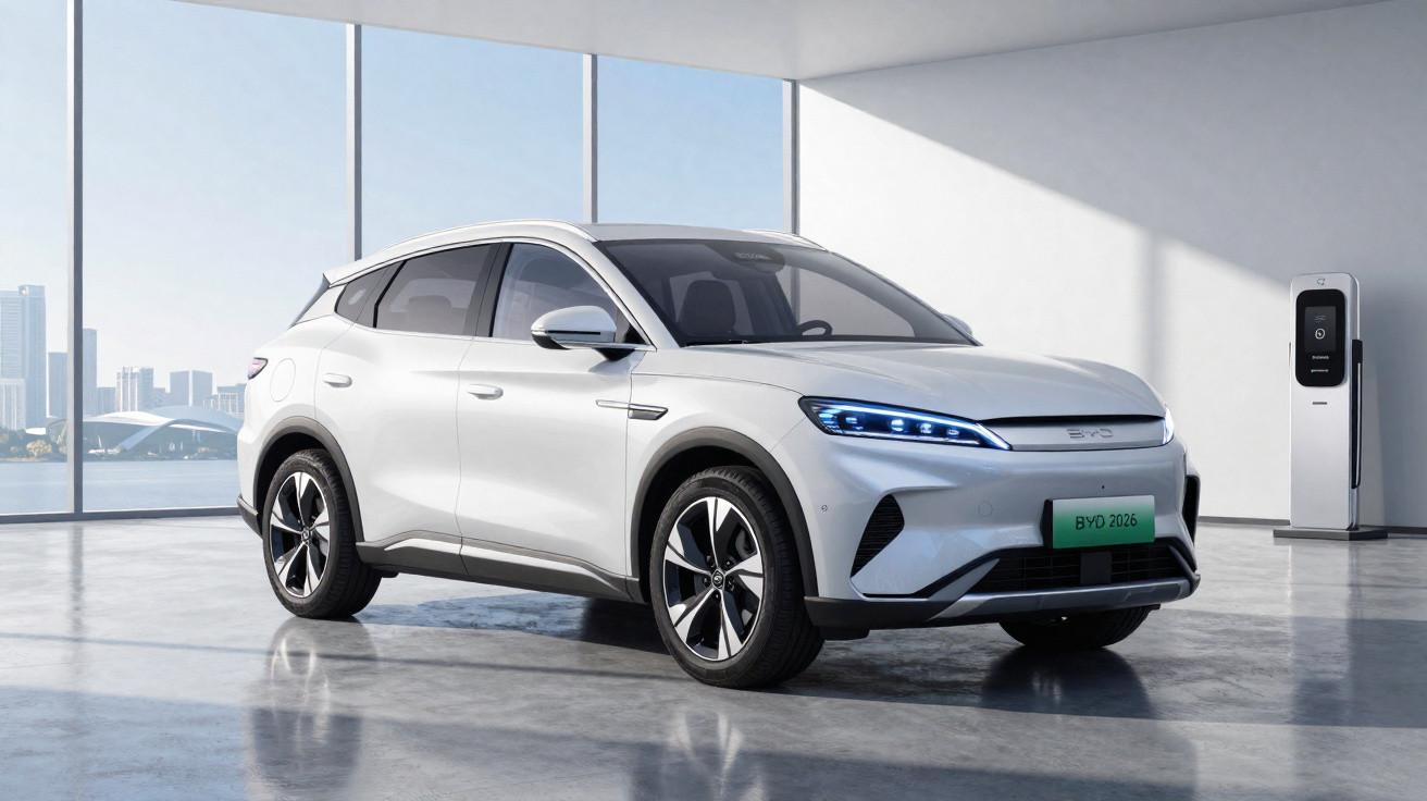 Carro elétrico branco moderno estacionado em ambiente interno ao lado de estação de recarga, com vista para cidade.