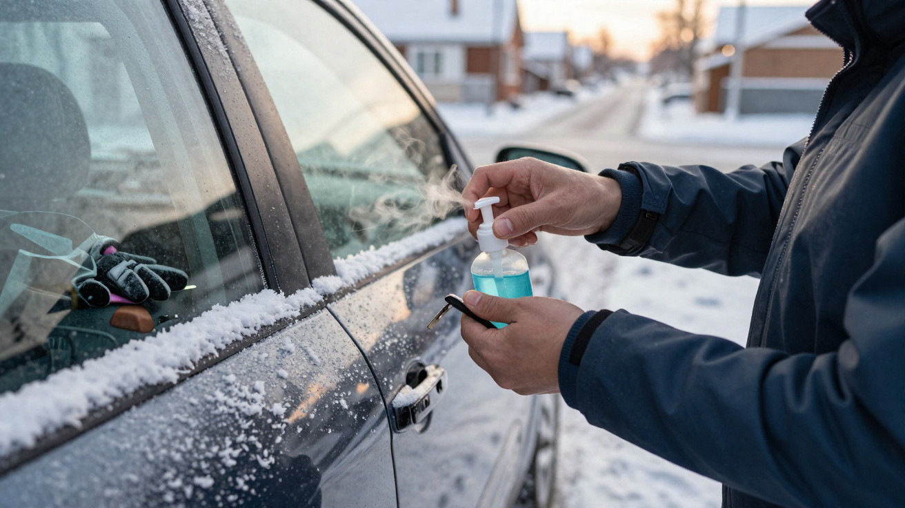 Pessoa aplicando álcool gel nas mãos ao lado de carro com neve acumulada no vidro e na lataria.