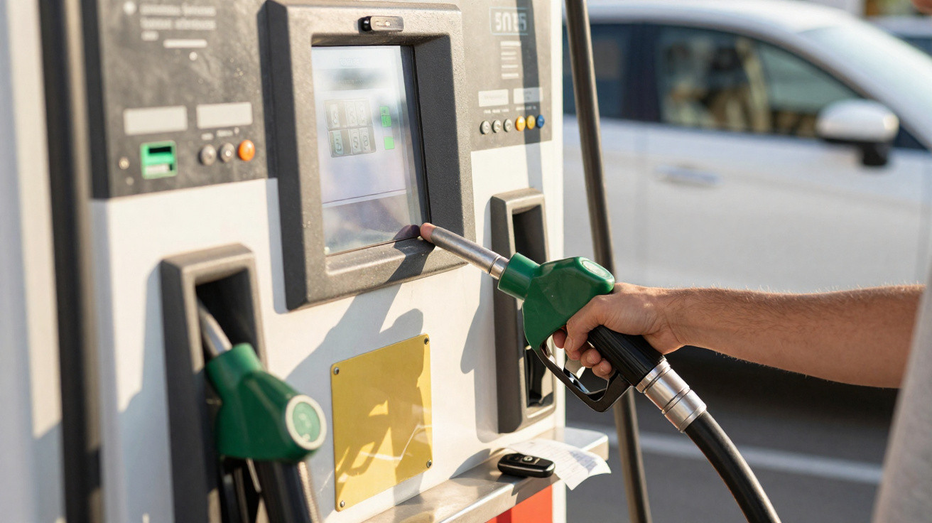 Pessoa segurando bico de bomba de gasolina verde em posto de combustível com carro branco ao fundo.