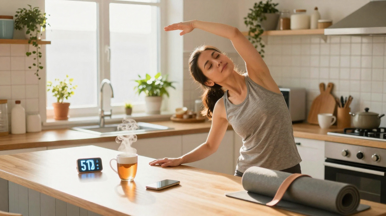 Mulher alongando-se na cozinha ao lado de tapete de yoga, chá quente e celular sobre a bancada.