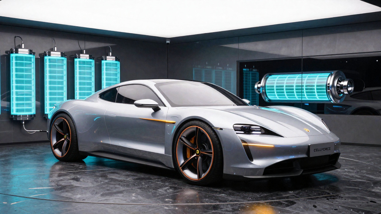 Carro esportivo elétrico prata em ambiente futurista com baterias azuis iluminadas na parede.