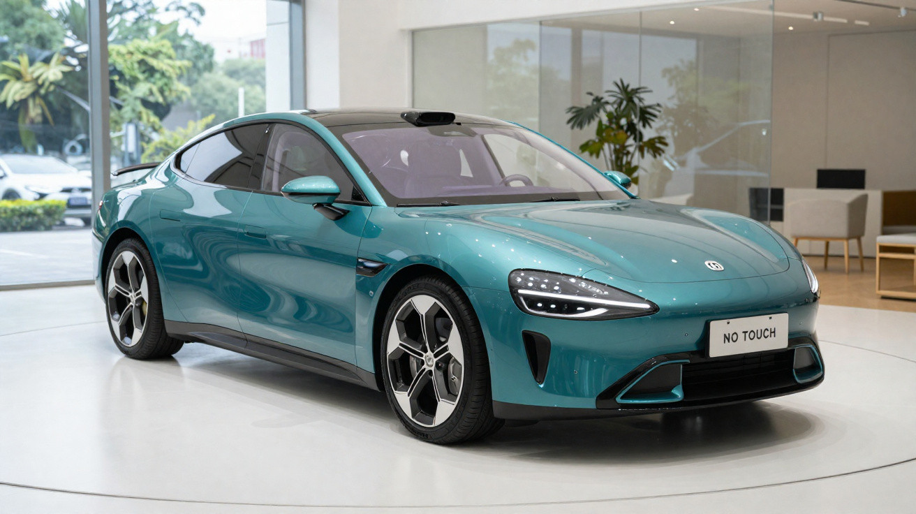 Carro elétrico azul exibido em showroom moderno com placa frontal escrita "NO TOUCH".
