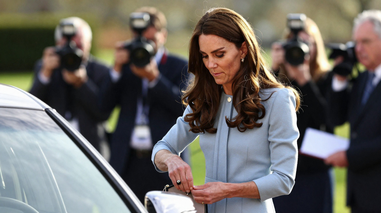Mulher de vestido azul claro perto de um carro, enquanto fotógrafos tiram fotos ao fundo.