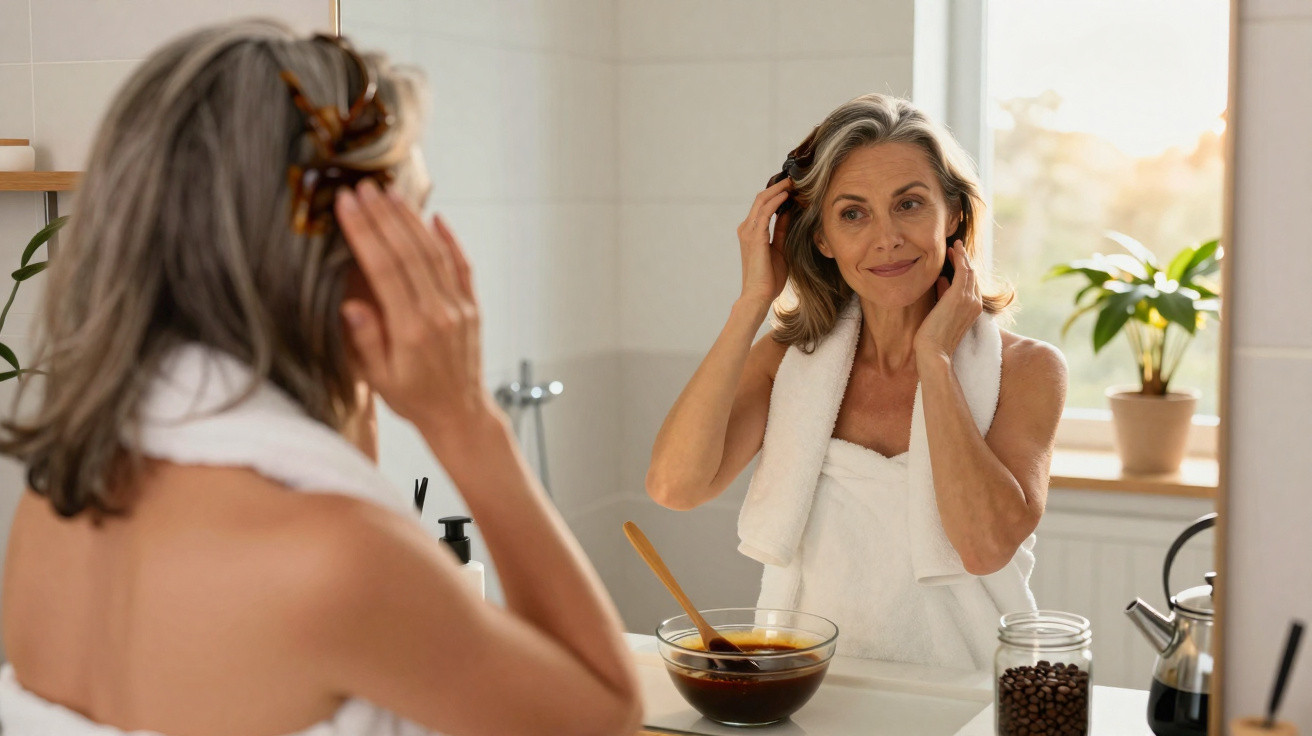 Mulher madura com toalha no banho arrumando o cabelo em frente ao espelho do banheiro iluminado.