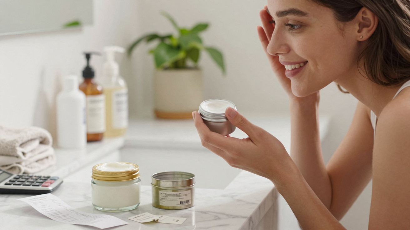 Mulher sorrindo aplicando creme no rosto em um banheiro com produtos de cuidados pessoais.