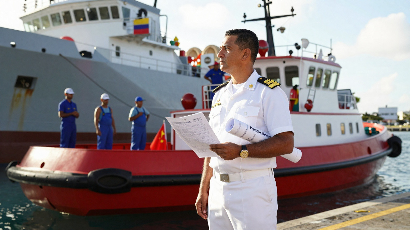 Oficial naval em uniforme branco segurando documentos ao lado de barco vermelho atracado no porto.