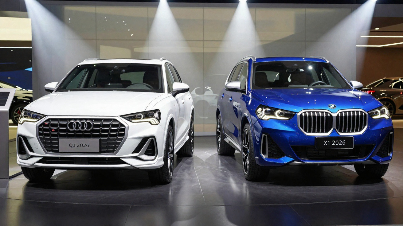 SUV branco Audi Q3 2026 ao lado de SUV azul BMW X1 2026 exibidos em showroom iluminado.