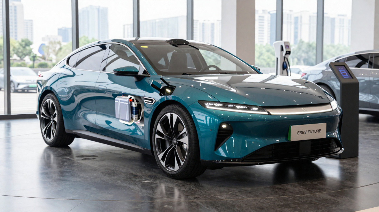 Carro elétrico verde com design moderno recarregando em estação de carregamento em showroom urbano.