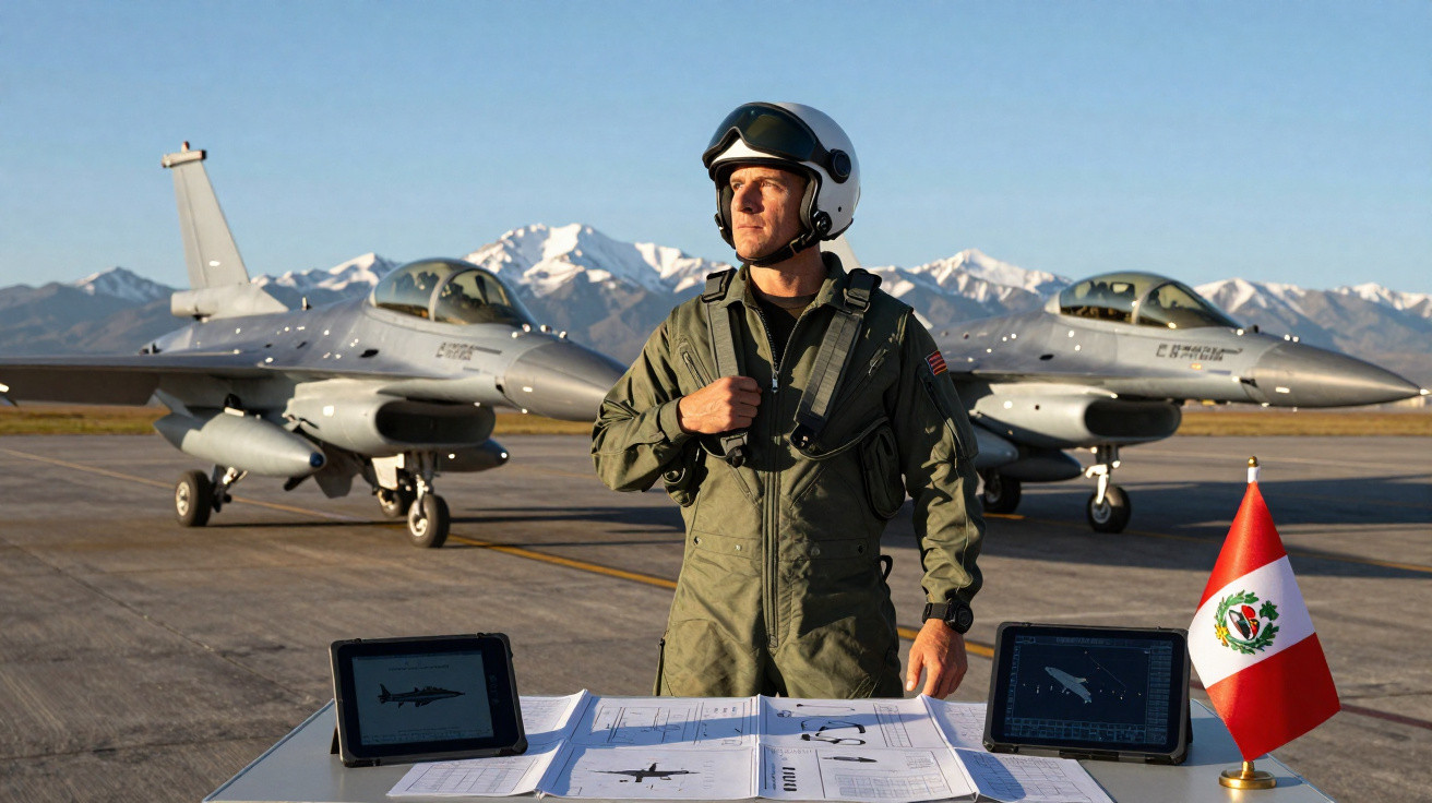Piloto militar em uniforme verde com capacete, mapas e tablets na mesa, dois caças F-16 e montanhas ao fundo.