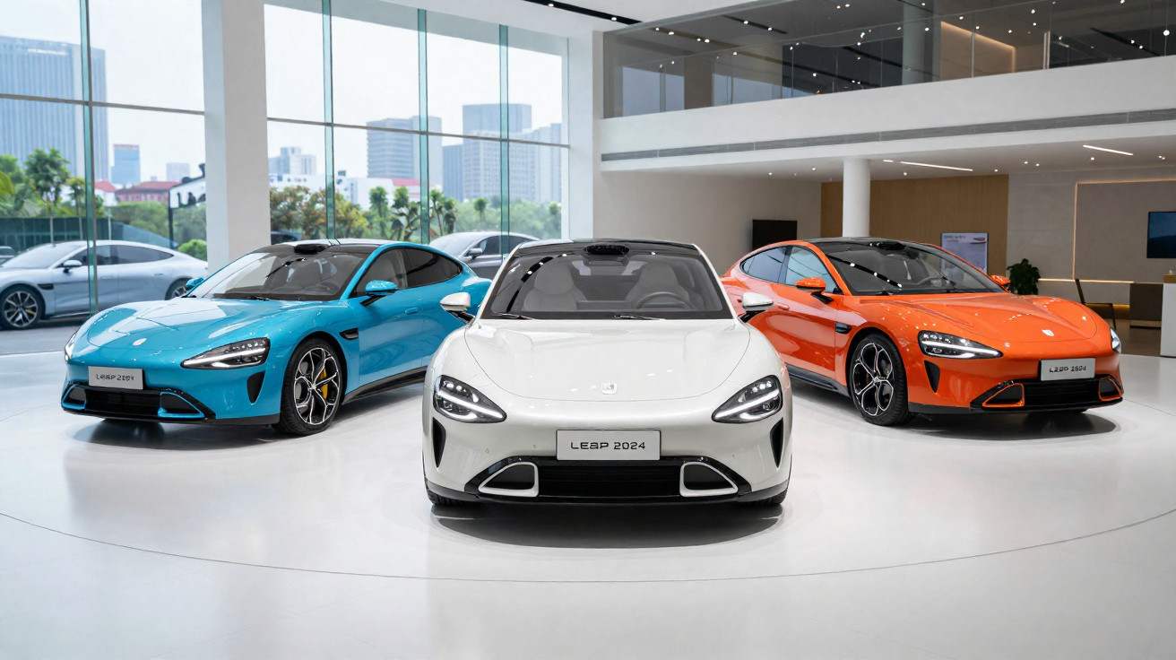 Três carros esportivos elétricos Leap 2024 expostos em salão moderno com grandes janelas.
