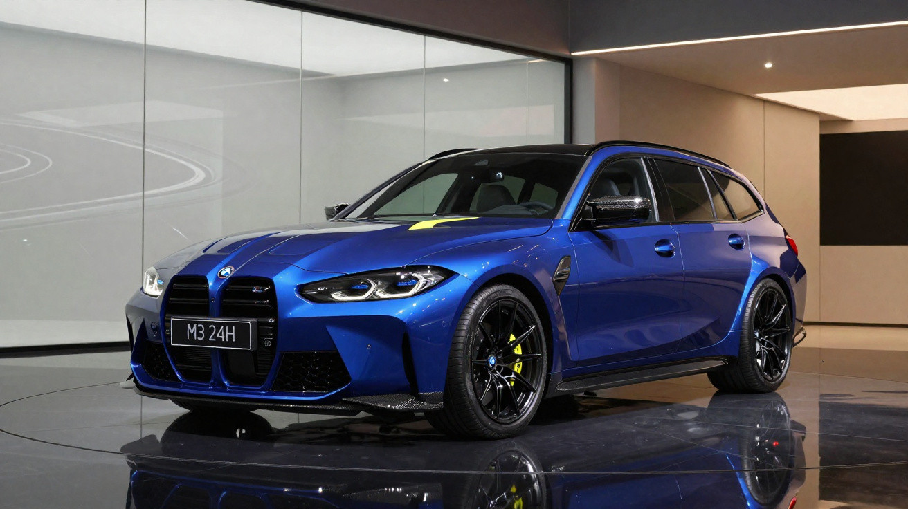 Carro esportivo BMW M3 Touring azul em exposição interna com detalhes pretos e rodas pretas.