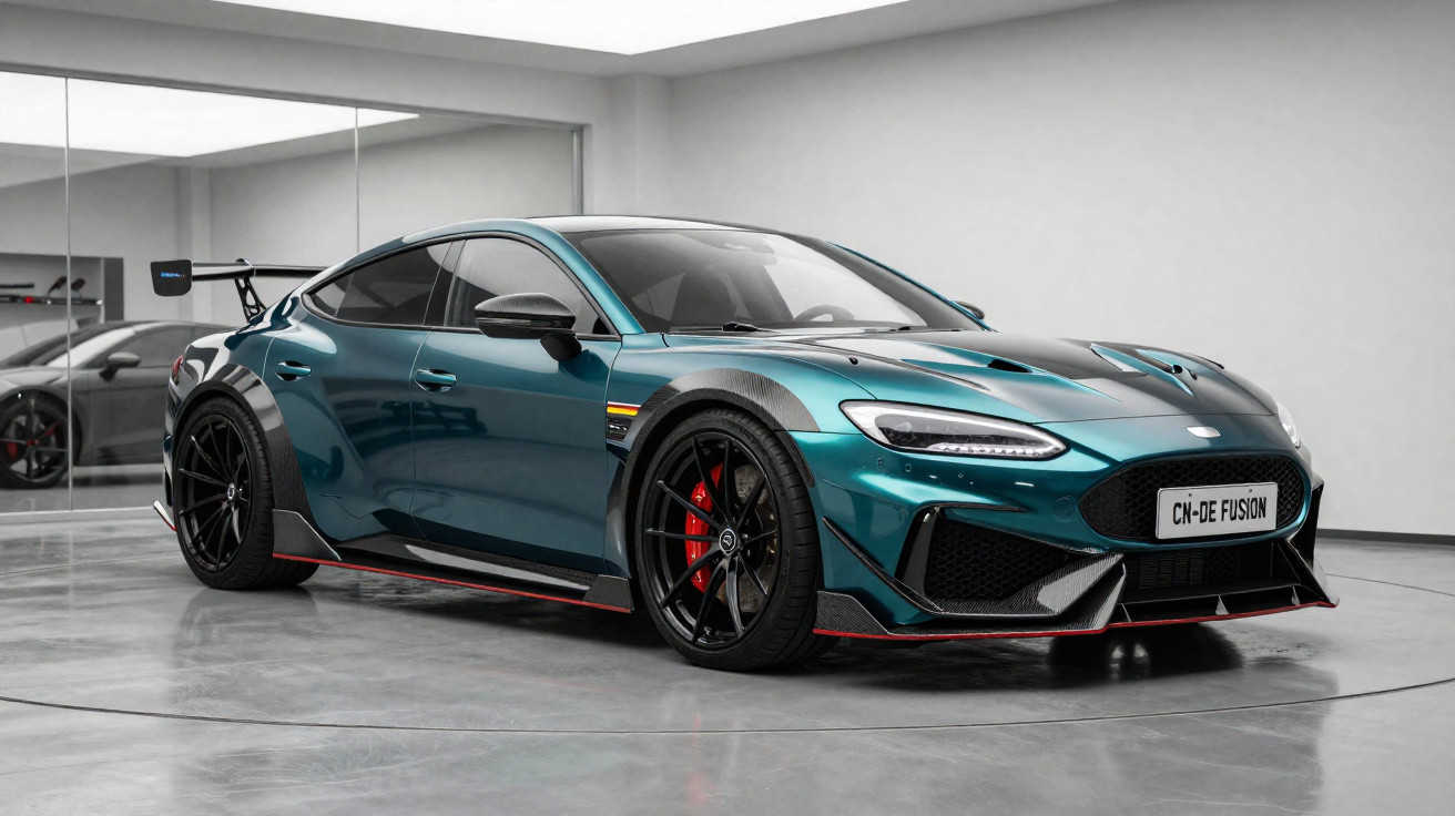 Carro esportivo azul metálico com detalhes em preto, rodas pretas e freios vermelhos em ambiente interno.