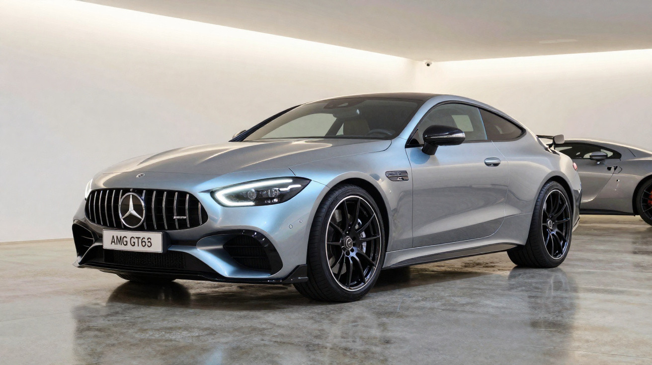 Carro esportivo Mercedes-AMG GT63 prata estacionado em garagem com piso refletivo.