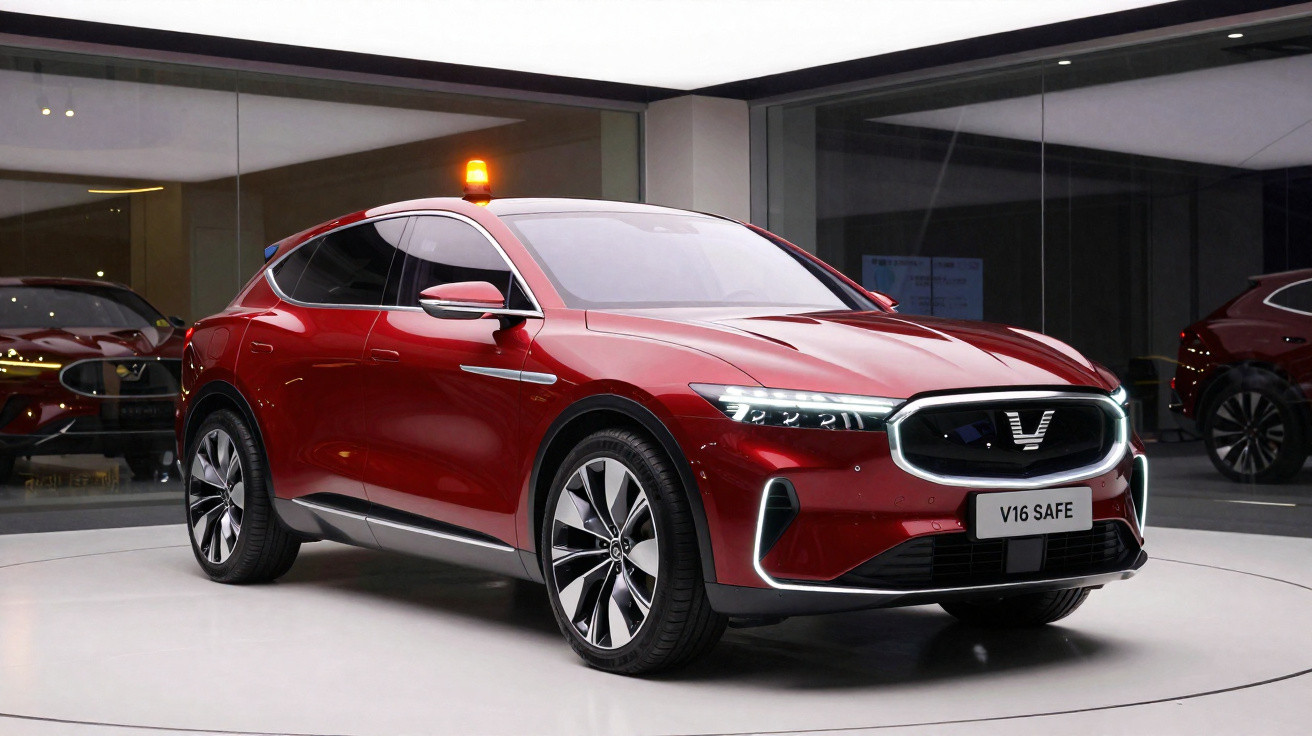 Carro elétrico vermelho VinFast V16 Safe em exposição interna com refletor laranja no teto.