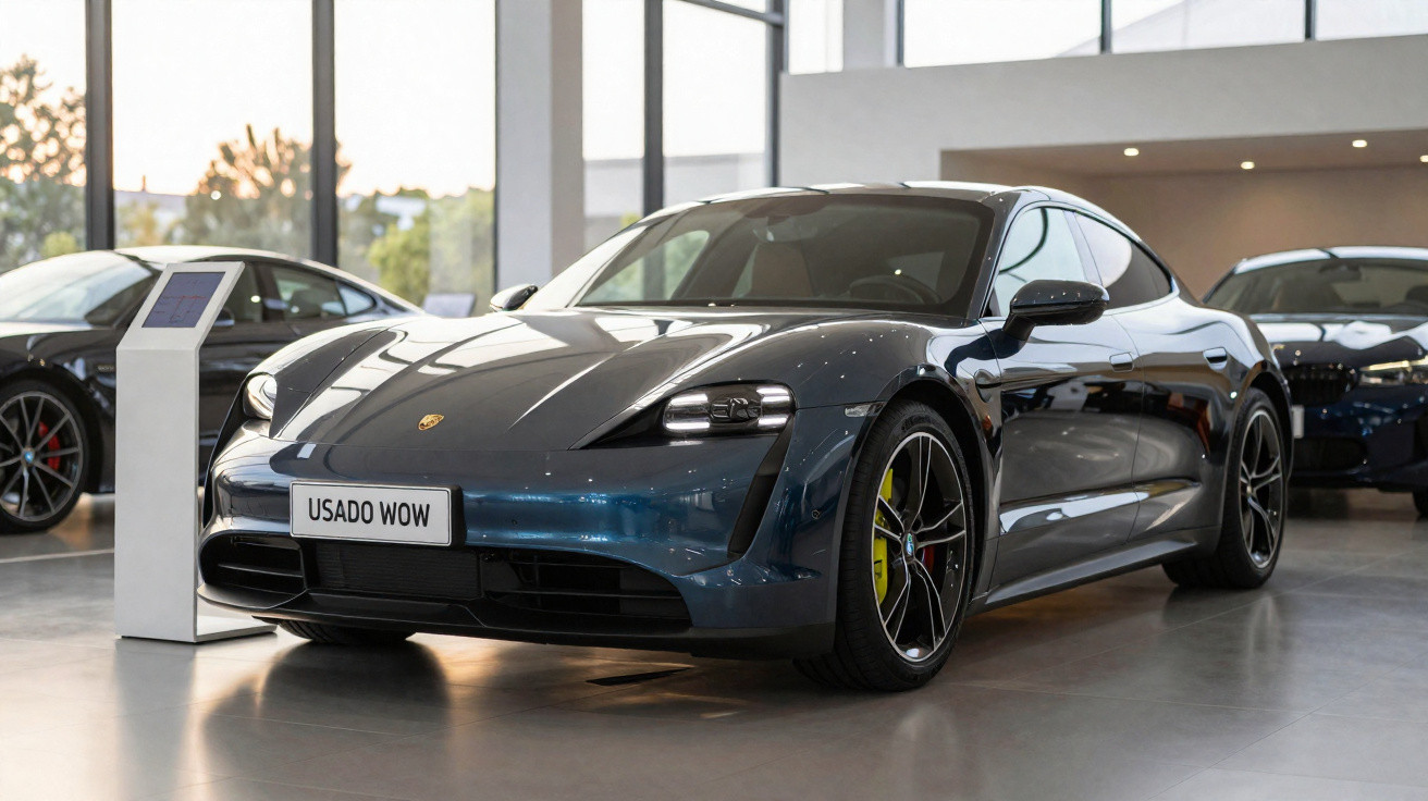 Carro esportivo Porsche elétrico azul escuro exibido em showroom com placa "USADO WOW".