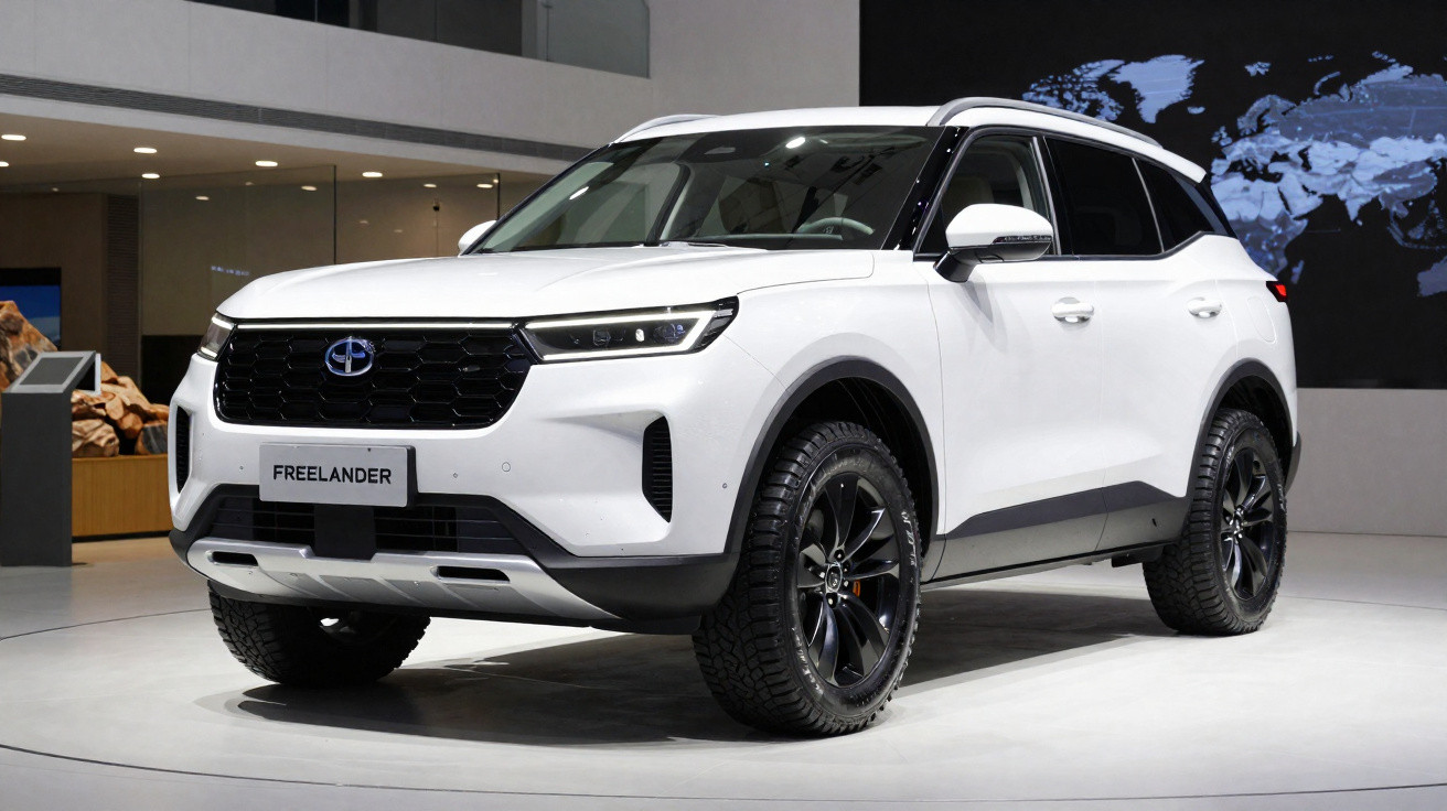 SUV branco modelo Freelander estacionado em ambiente interno, com rodas pretas e grade frontal preta.