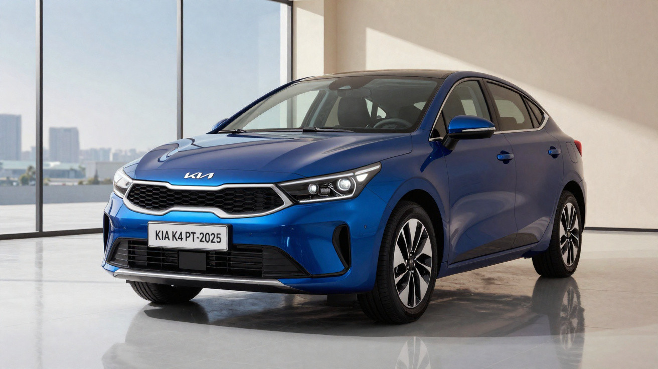 Carro azul KIA K4 PT-2025 em showroom com piso brilhante e parede de vidro.