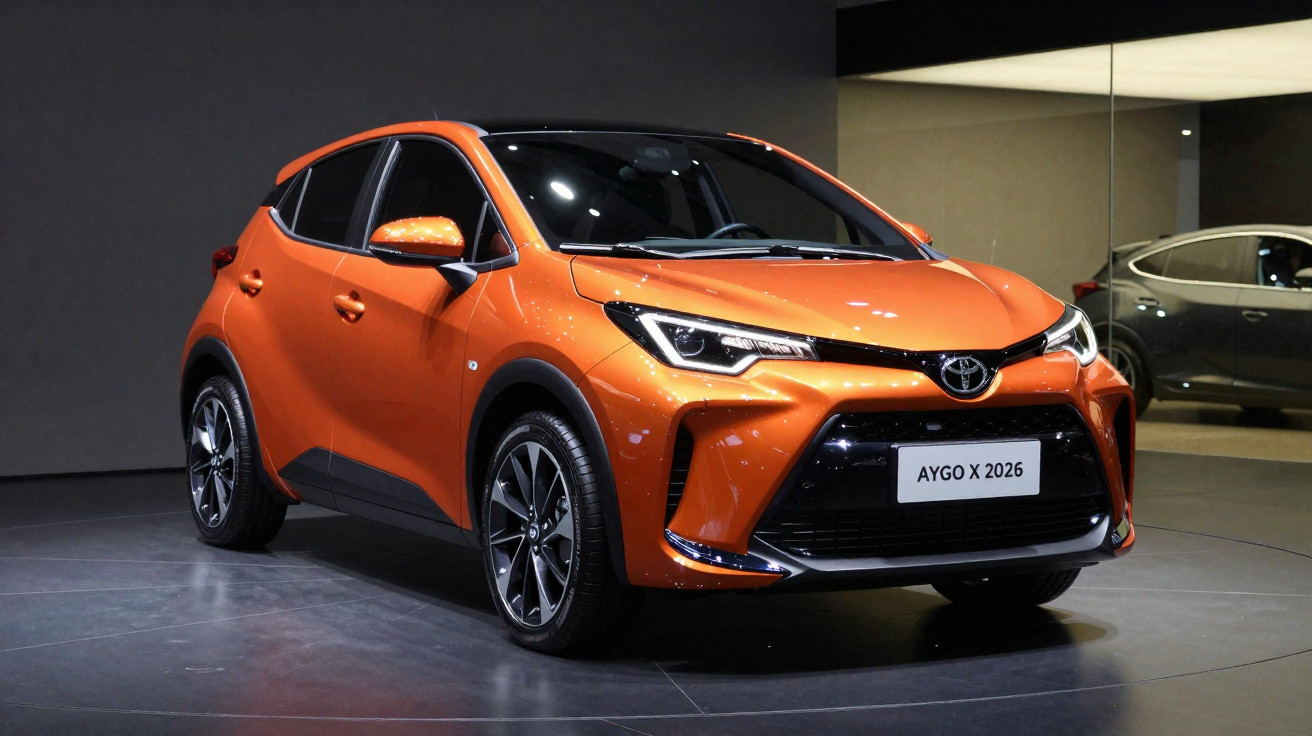 Carro Toyota Aygo X 2026 na cor laranja exibido em ambiente interno escuro.