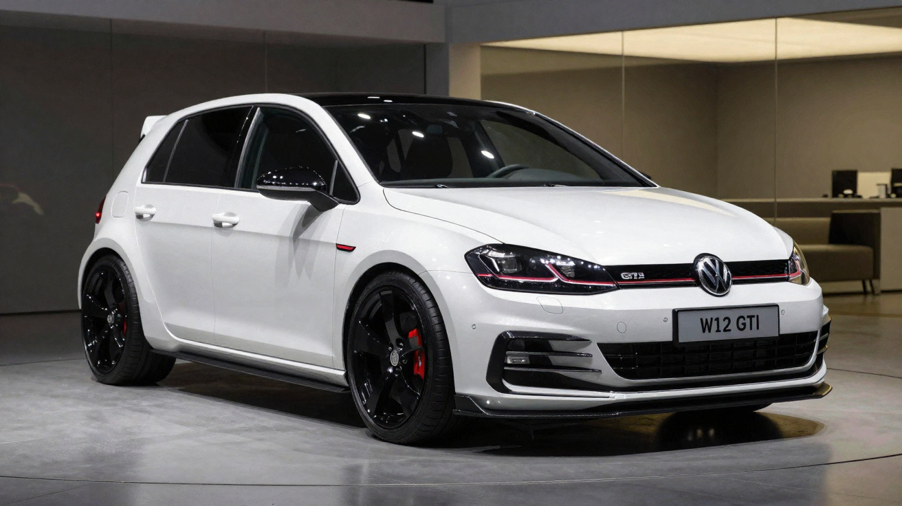 Volkswagen Golf GTI branco com rodas pretas em ambiente interno moderno.