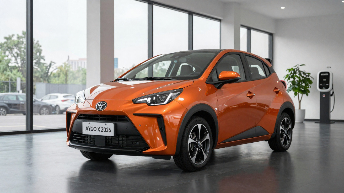 Carro compacto Toyota Aygo X 2026 laranja em showroom moderno com parede de vidro e carregador elétrico.