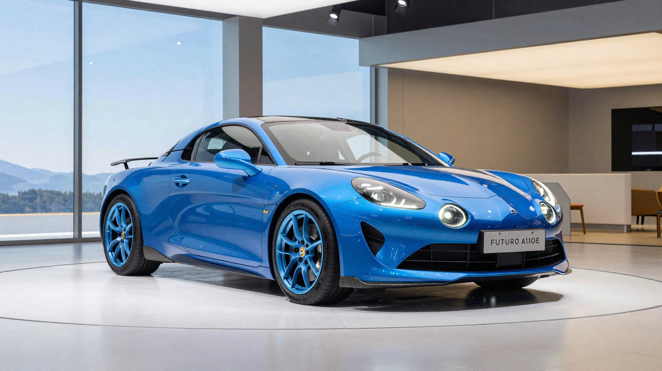 Carro esportivo azul futurista Alpine A110E em exposição em showroom moderno.