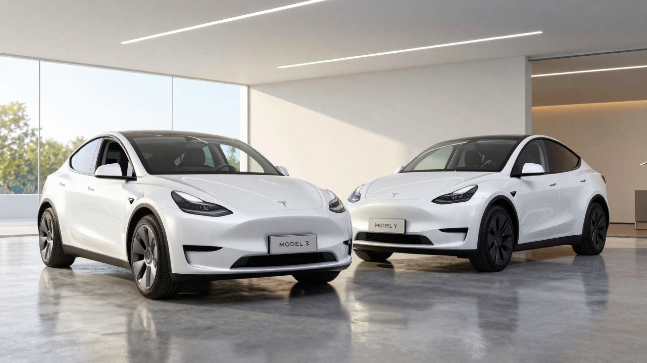 Dois carros elétricos Tesla brancos, Model 3 e Model Y, em exposição em ambiente interno moderno.