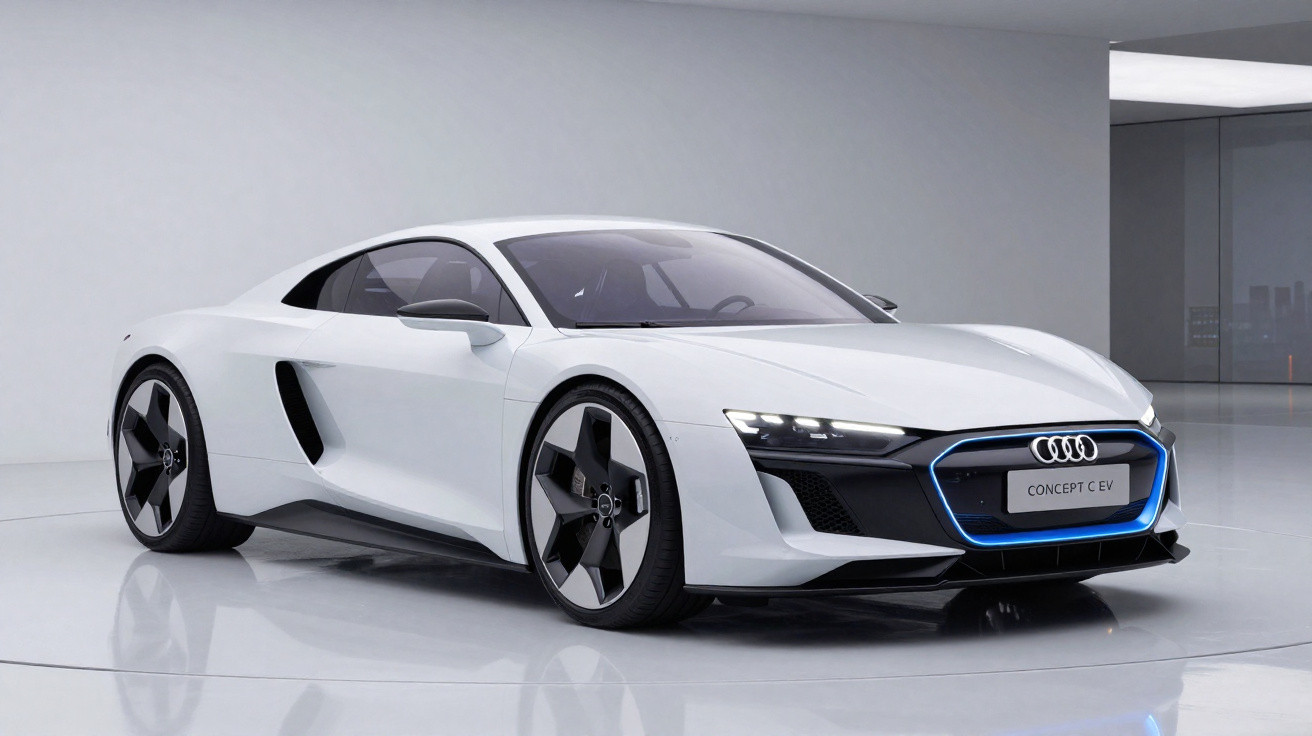 Carro esportivo elétrico Audi Concept C EV branco estacionado em ambiente minimalista interno.