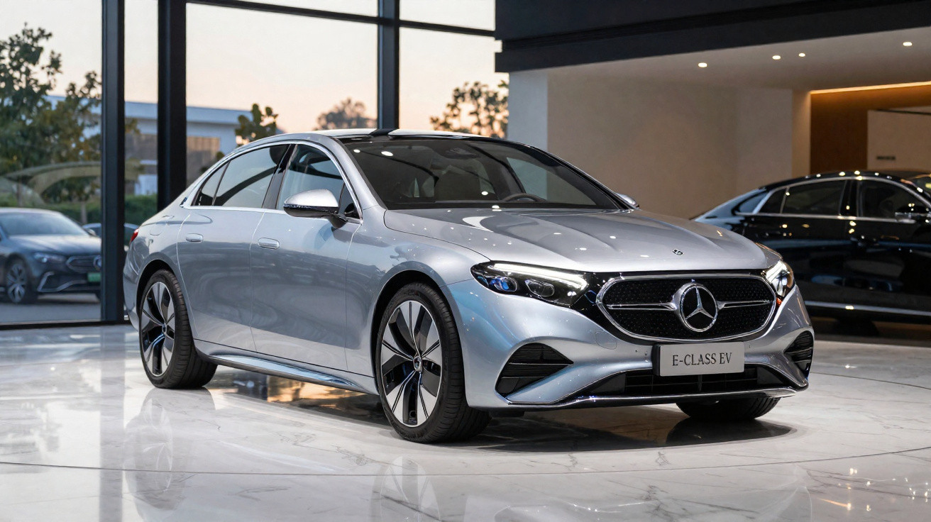 Mercedes-Benz E-Class EV prata estacionado em showroom moderno com piso branco e grandes janelas.