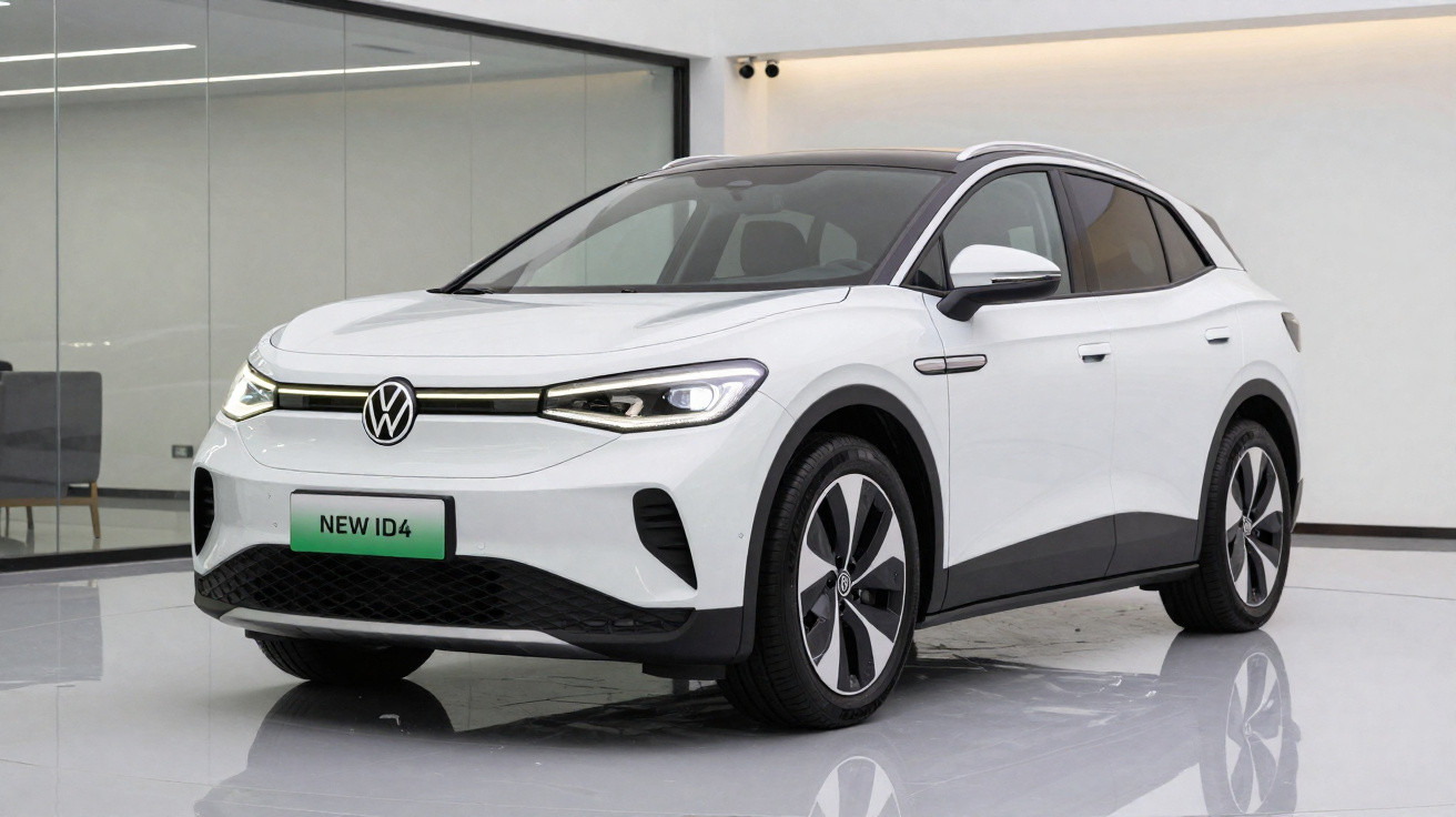 Carro elétrico Volkswagen ID.4 branco em ambiente interno, com luzes acesas e rodas modernas.
