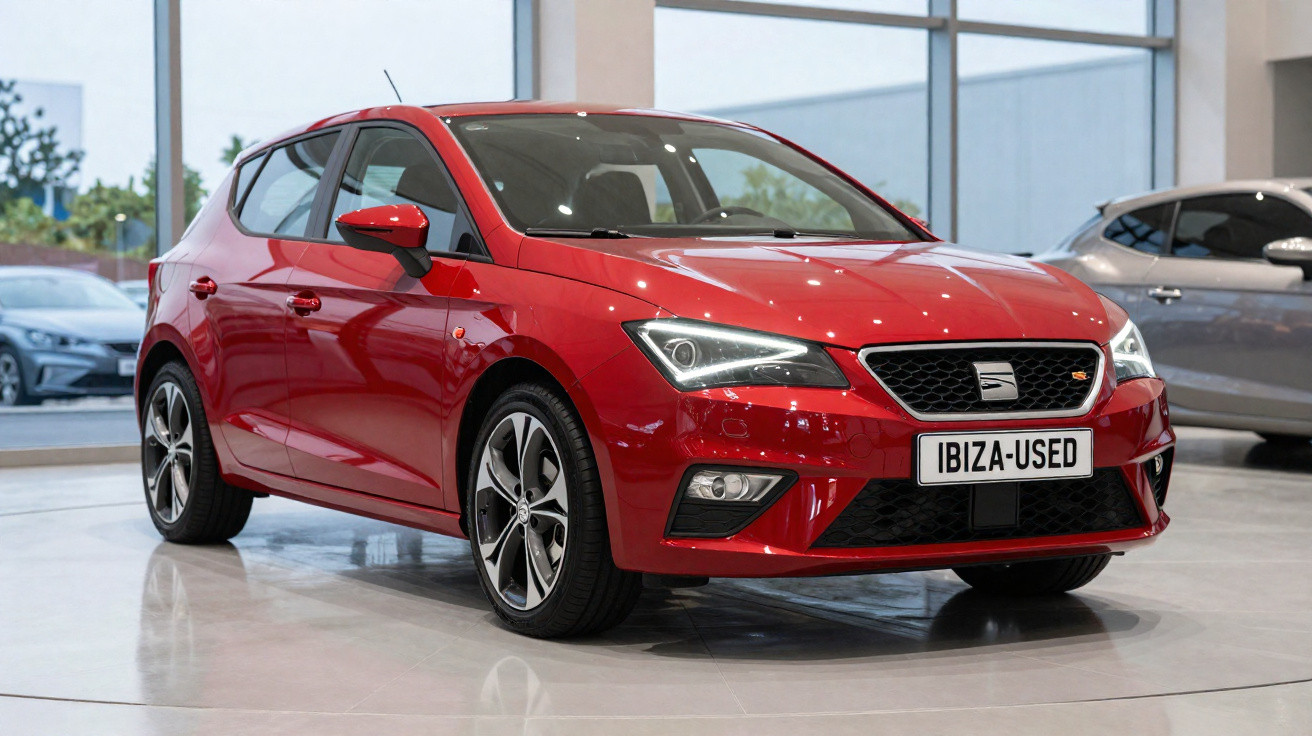 Carro hatchback vermelho SEAT Ibiza em exposição dentro de showroom com piso claro e iluminação interna.