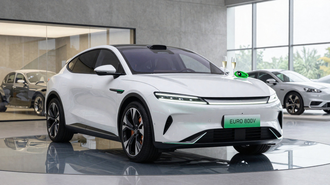 Carro elétrico branco moderno exposto em showroom com luzes LED e copos de champanhe no capô.