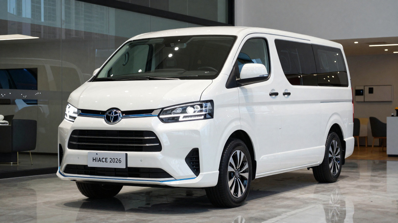 Van Toyota Hiace 2026 branca estacionada em ambiente interno moderno e iluminado.