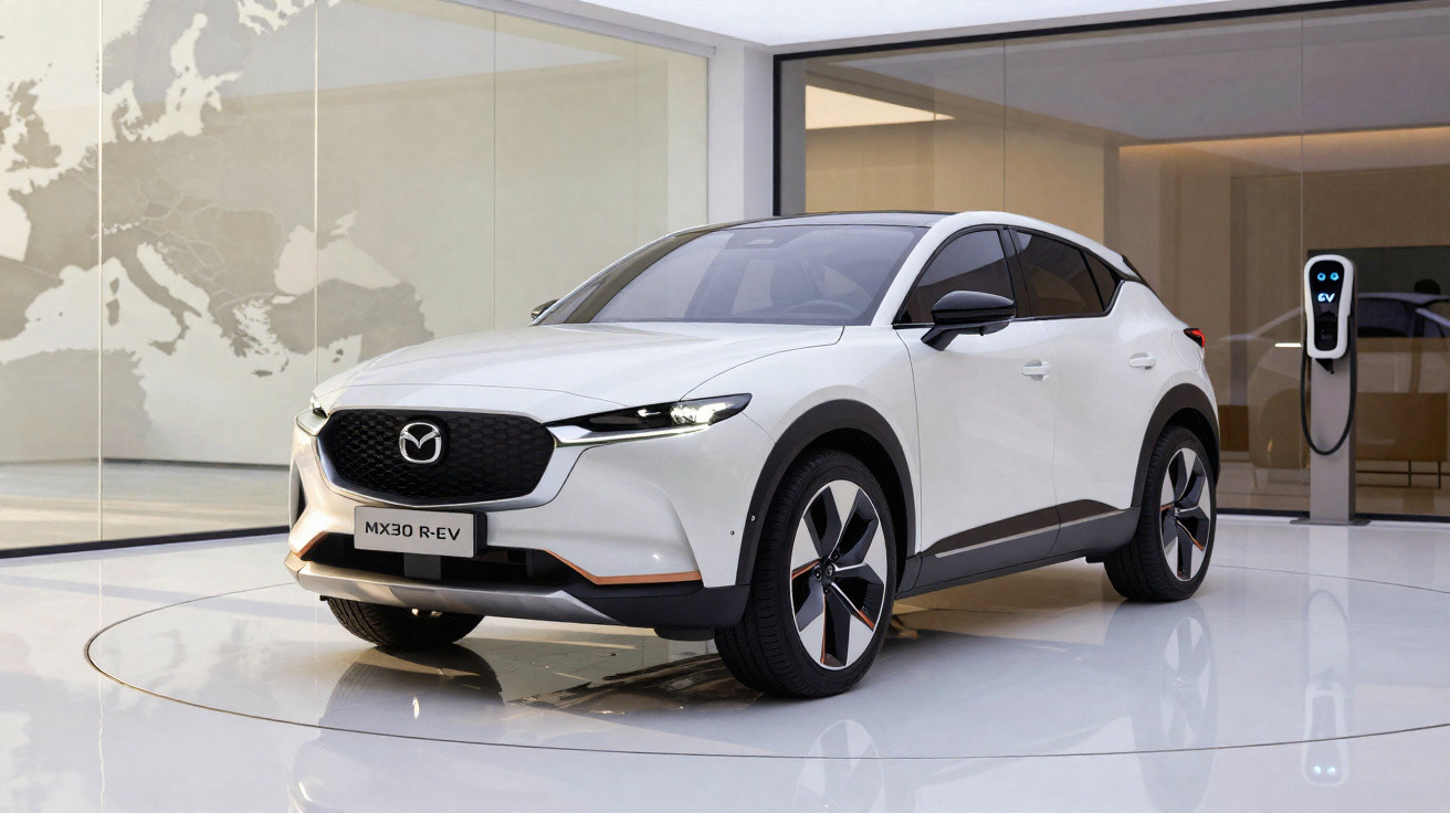 Carro elétrico branco Mazda MX30 R-EV em showroom moderno com estação de recarga ao fundo.