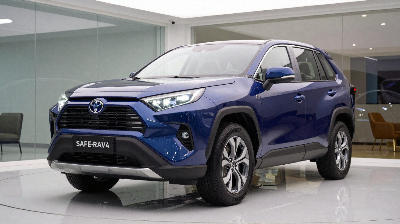 SUV Toyota RAV4 azul estacionado em showroom moderno iluminado.