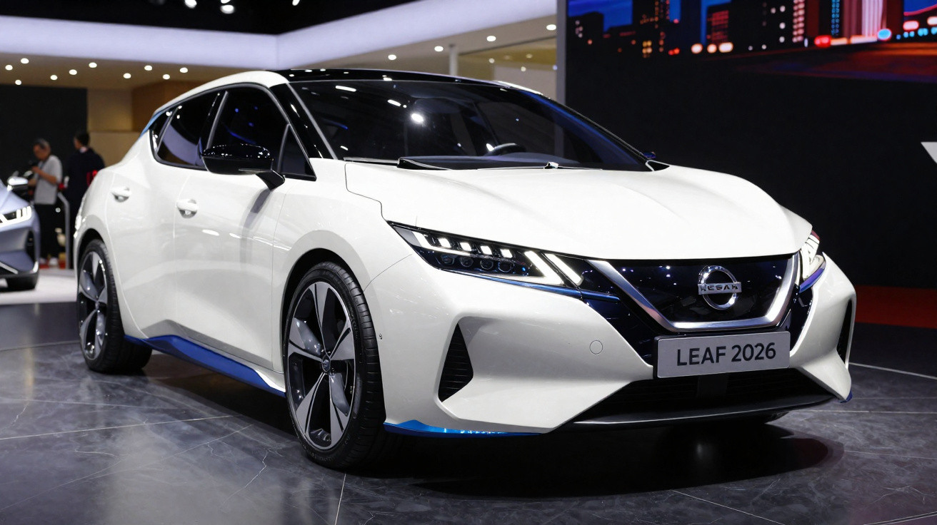 Carro elétrico Nissan Leaf 2026 branco exibido em salão de automóveis com iluminação moderna.