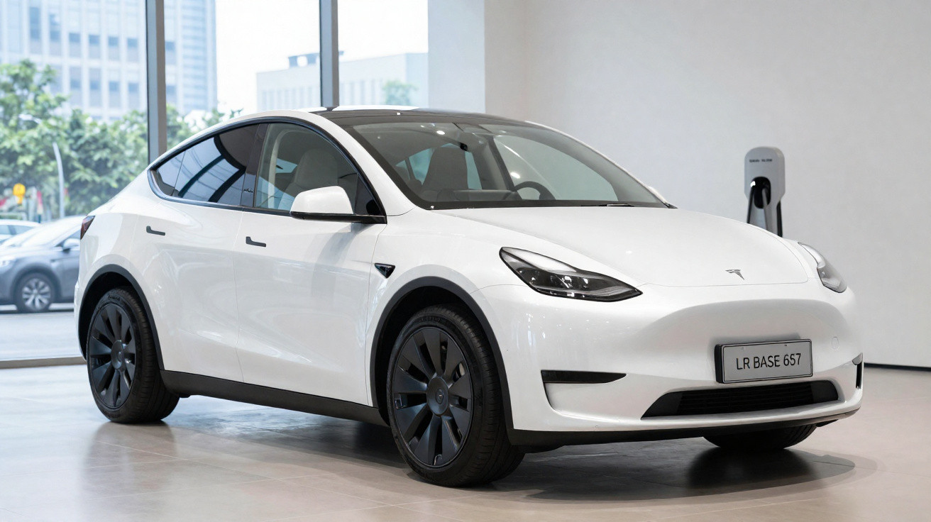 Carro elétrico branco Tesla Modelo Y estacionado em showroom com carregador na parede ao fundo.