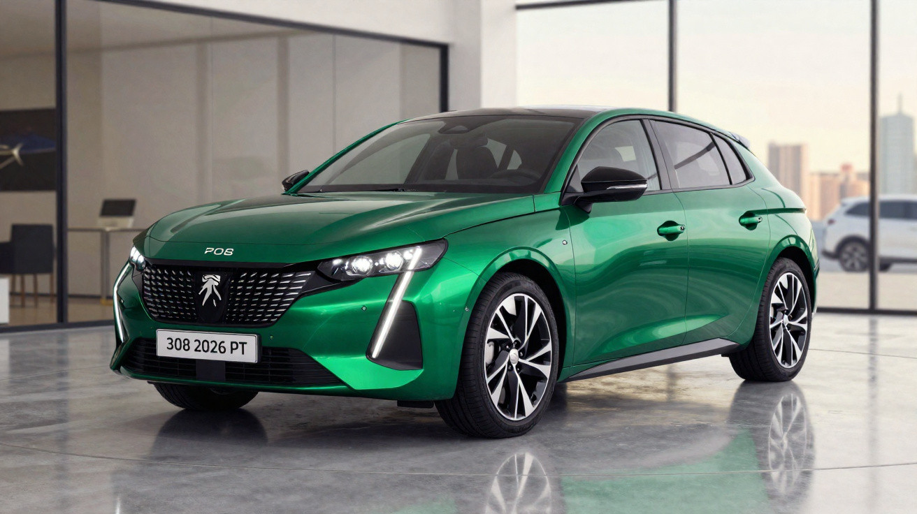 Carro hatch verde metálico Peugeot 308 2026 em showroom moderno com piso cinza refletivo.