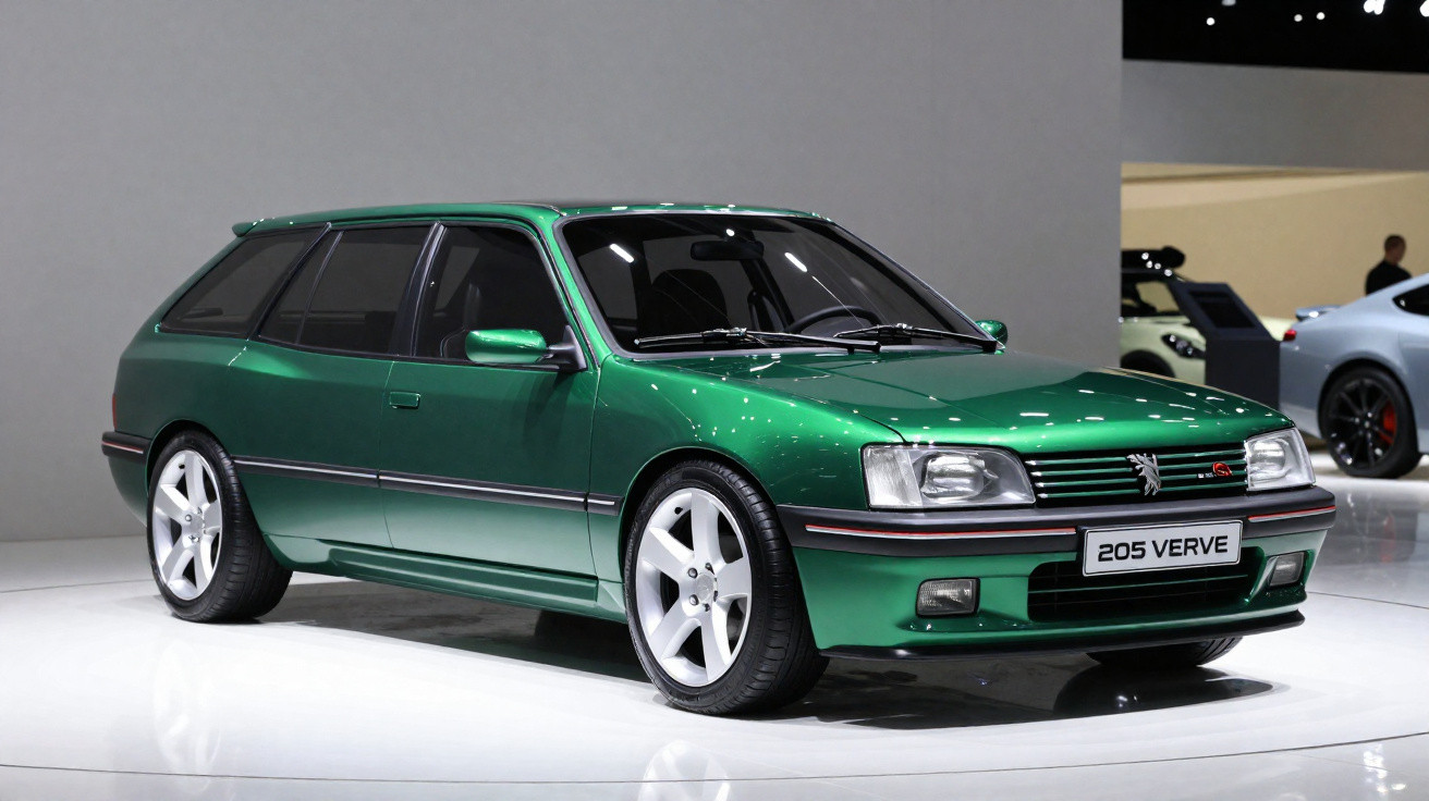 Carro verde Peugeot 205 Verve estacionado em salão de automóveis com rodas brancas.