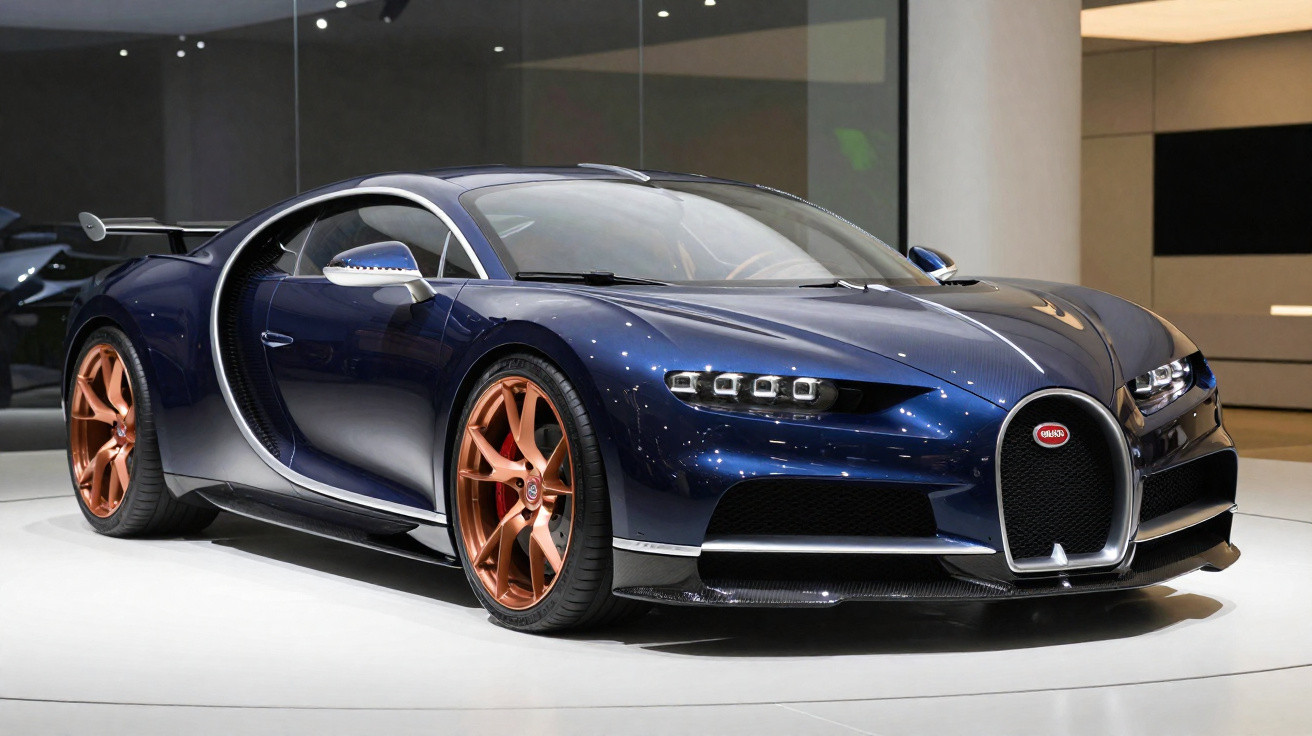 Carro esportivo Bugatti Chiron azul com rodas douradas em exposição interna.