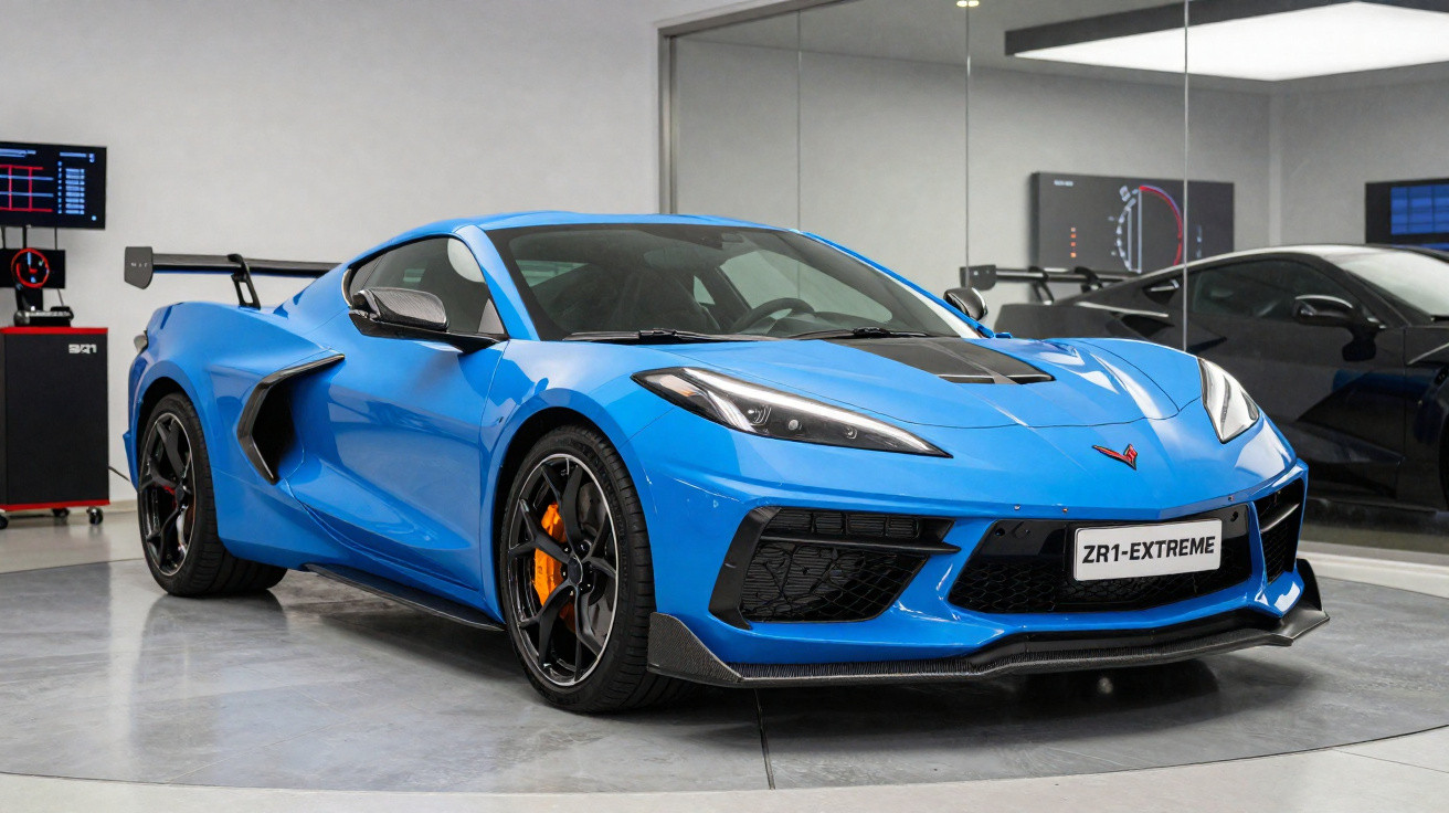 Carro esportivo azul Corvette ZR1-Extreme estacionado em showroom moderno com espelhos na parede.