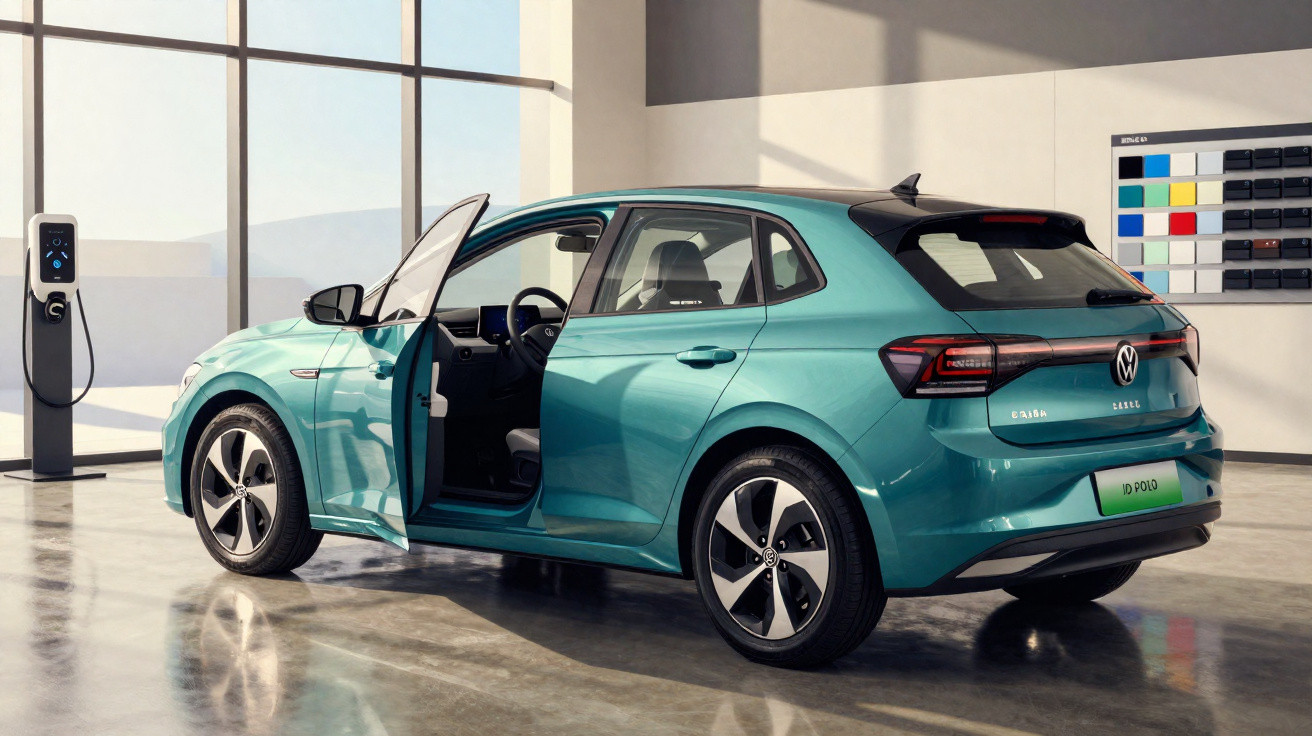 Carro elétrico Volkswagen ID. Polo azul estacionado com porta dianteira aberta em garagem moderna.