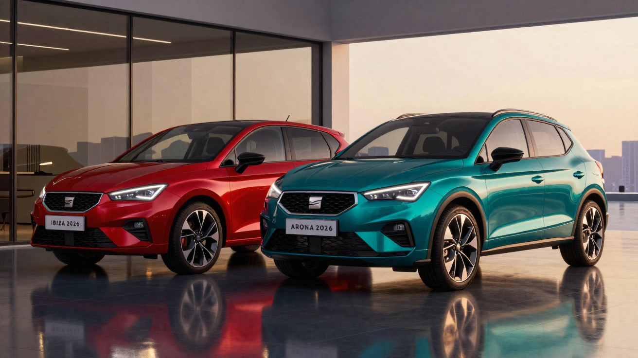 Dois carros SEAT 2026, um vermelho modelo Ibiza e um verde modelo Arona, exibidos em piso espelhado.