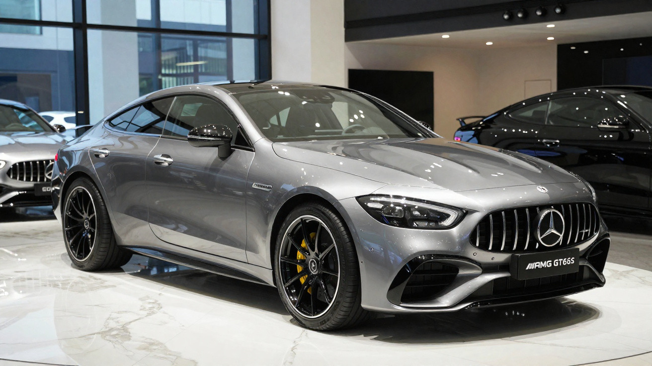 Carro esportivo prata Mercedes-Benz AMG GT 65S exibido em showroom moderno com piso branco.