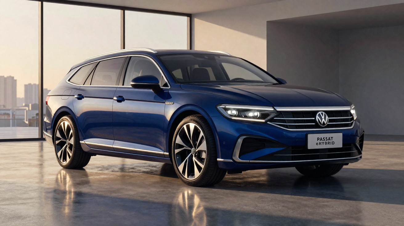 Carro Volkswagen Passat eHybrid azul estacionado em ambiente interno com luz natural.