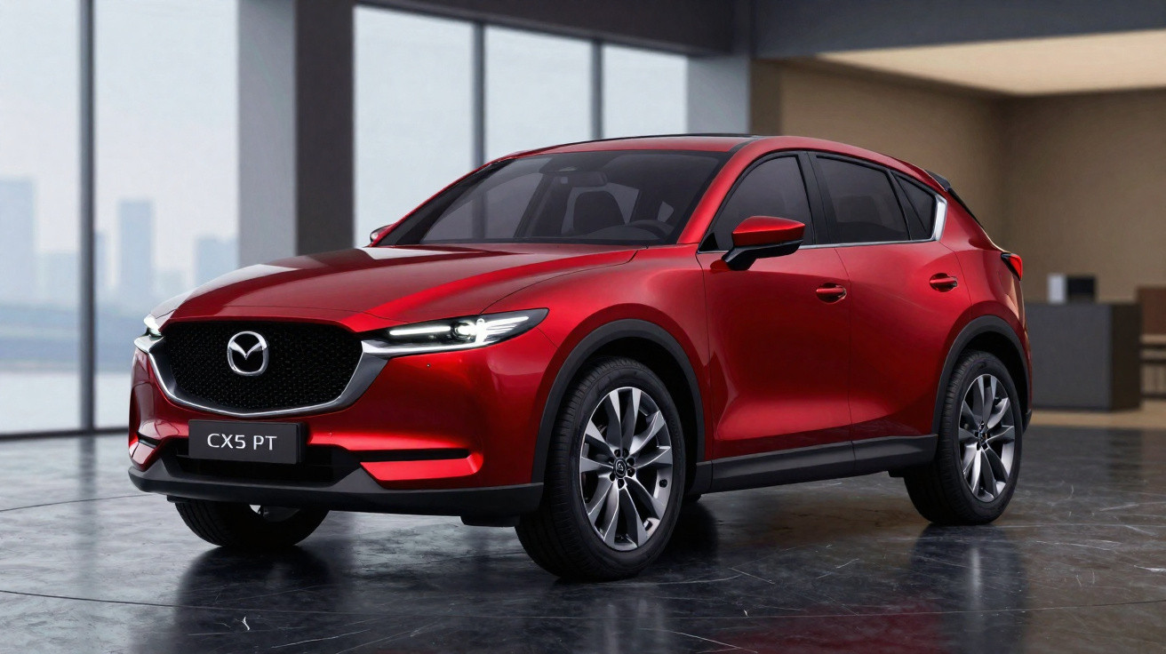 Carro SUV vermelho Mazda CX-5 PT estacionado em ambiente interno moderno com piso reflexivo.